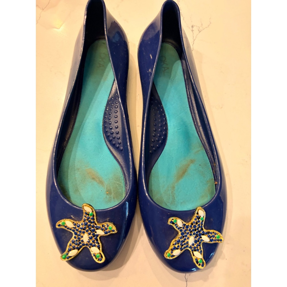 Oka-B Jelly Flats Blue Starfish Nautical Beach Pool Slip On Shoes US 7 EU 37